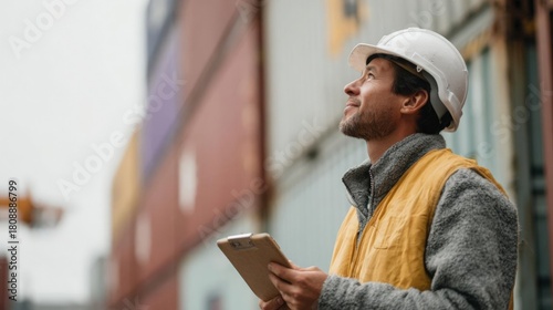 Man wearing a white hard hat and a yellow vest, standing in front of a shipping container.
