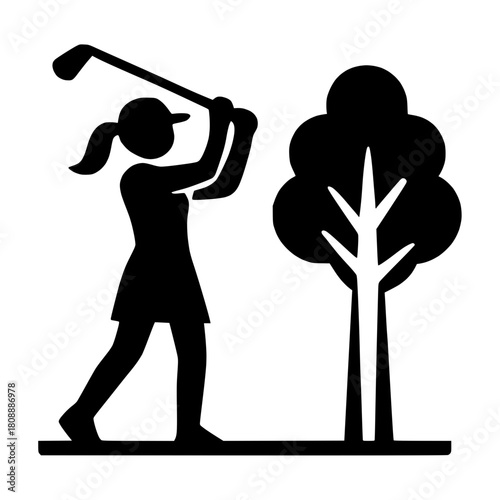 Female golfer silhouette in mid-swing beside a tree