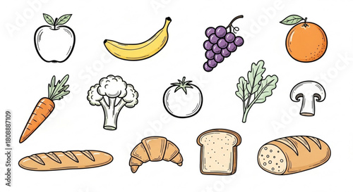 Healthy food illustration featuring fruits vegetables and bread for nutrition and diet planning guide