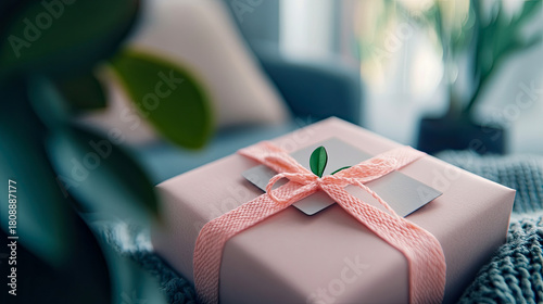 Beautifully wrapped pastel pink present, tied with soft pink woven ribbon and natural leaf accent, sitting on cozy knitted blanket with blurred domestic background.