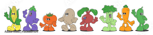 Retro cartoon vegetable mascot characters with groovy vintage sticker style - corn with eggplant, tomato and potato, beetroot with celery, carrot and cucumber. Funny food set in vibrant colors.