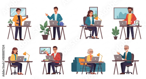 Illustrations of diverse people working from home on laptops for remote work and online meetings vector