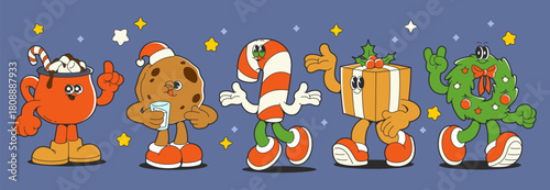 Retro groovy cartoon Christmas characters with funny sticker style - cocoa mug and cookie, candy cane, gift box and holiday wreath mascots. Xmas winter set in vibrant colors for festive design.