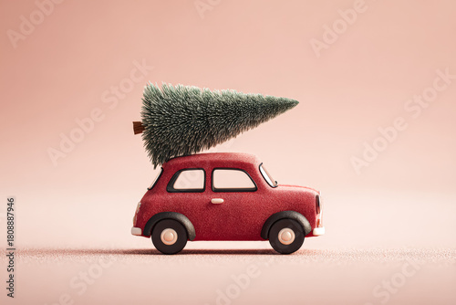 Red car with Christmas tree on roof, symbolizing holiday spirit and festive celebrations