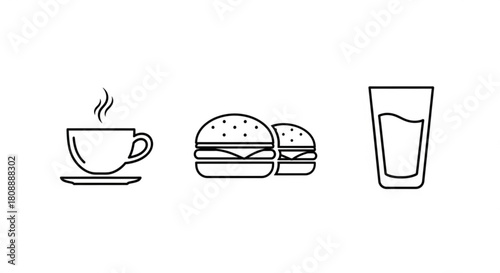 Coffee burgers and water vector line art drawing for restaurant menu and food related graphic design 100
