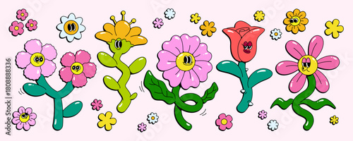 Groovy flower characters set isolated on white background. Vector cartoon illustration of funny color rose, daisy, chamomile, happy mascots with eyes and smiling faces, retro style floral stickers