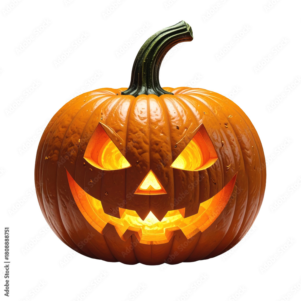 Fototapeta premium Scary and evil jack o lantern pumpkin with spooky glowing orange face. Isolated for Halloween celebration, looking menacing and creepy