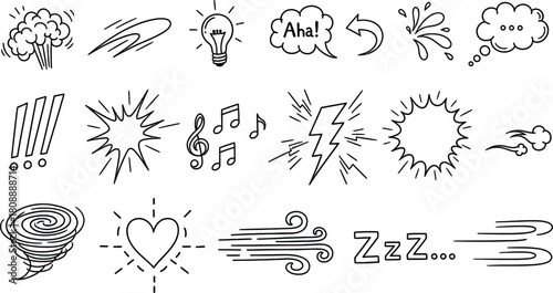 Doodle style comic effects and expressions vector illustration set