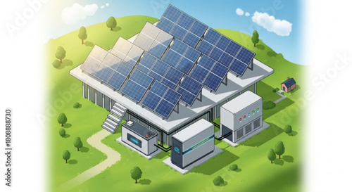 Solar panel system installation on house roof for renewable energy and sustainable living concept design