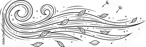 Hand drawn wind illustration with leaves blowing in the air