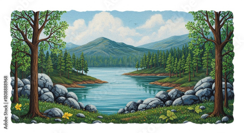 Beautiful lake scenic landscape painting with mountains trees rocks and clouds nature art illustration