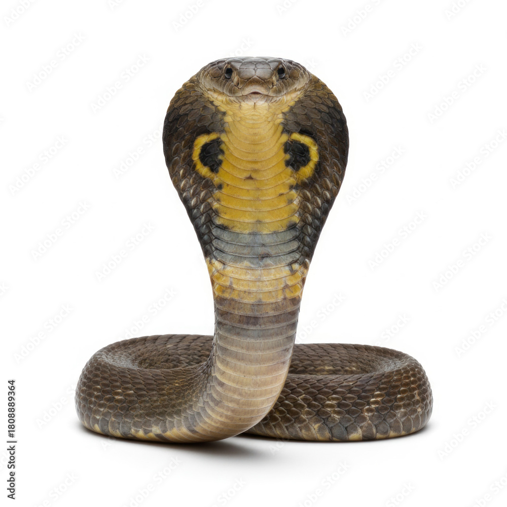 Fototapeta premium Snake (Cobra) full body hood expanded striking pose isolated white background