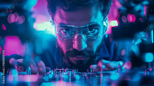 Intensely focused bearded engineer in reflective safety glasses working on glowing futuristic circuitry under vibrant neon blue and pink lights with data reflections