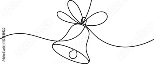 Continuous single line drawing of a festive hanging bell with flowing ribbon curves in modern minimalist holiday outline style vector illustration
