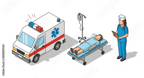 Isometric ambulance emergency medical service with patient and nurse healthcare professional scene vector