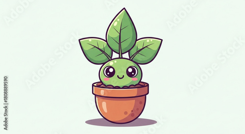 Cute cartoon potted plant illustration for kids room decor and nature themed designs, green leaves and pot art