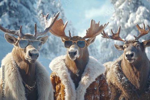 White-tailed deer buck with large antlers stands in the winter snow of a forest