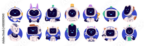 Robot avatars set. Cute happy AI characters with smiling faces in circle round frames. Digital assistants, technology bots, user profiles. Flat vector illustration isolated on white background