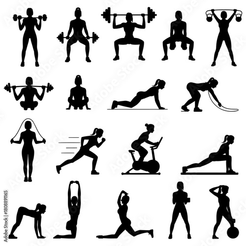 Women Fitness and Workout Silhouettes. Gym, Exercise, and Training Vector Set