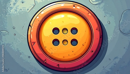 A close-up illustration of a large, circular button with six holes, set against a mottled, gray surface. The button has a warm, yellow-orange hue