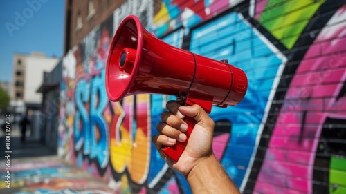 A vibrant image of a hand holding a red megaphone against a colorful graffiti wall, symbolizing communication and expression.