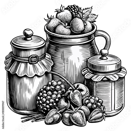 Vintage Hand-Drawn Fruit Jam Jars Illustration