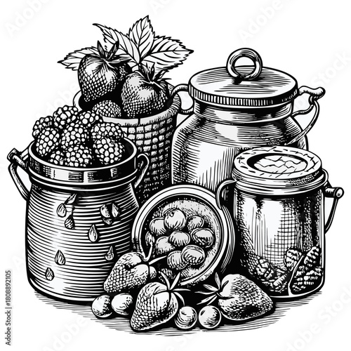 Vintage Hand-Drawn Fruit Jam Jars Illustration