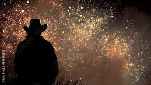 Cowboy silhouette against the backdrop of bright fireworks	