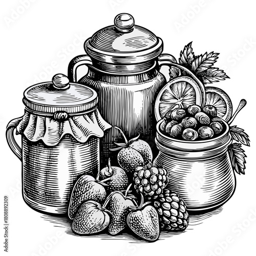 Vintage Hand-Drawn Fruit Jam Jars Illustration