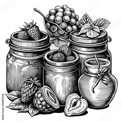 Vintage Hand-Drawn Fruit Jam Jars Illustration