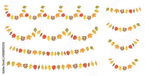 Fall season garland collection. Wavy borders with cute autumn leaves in colors.