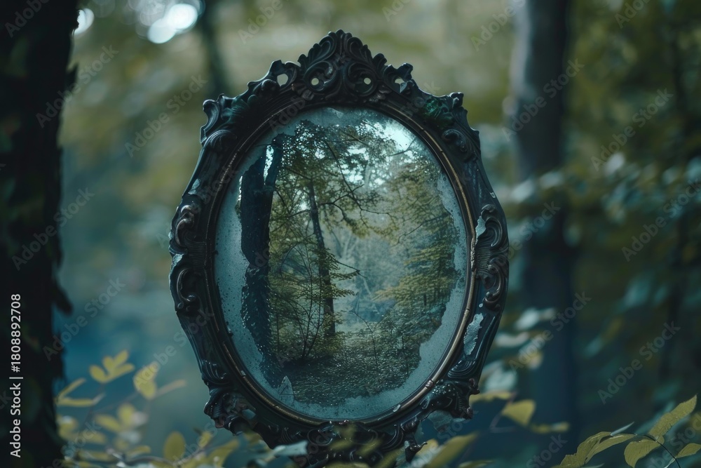 Fototapeta premium Antique, ornate mirror reflects a tranquil forest scene, creating a mystical and enchanting atmosphere