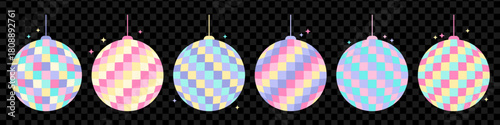 Colorful disco ball icon set. Flat nightclub sparkling mirror sphere symbol isolated on black background