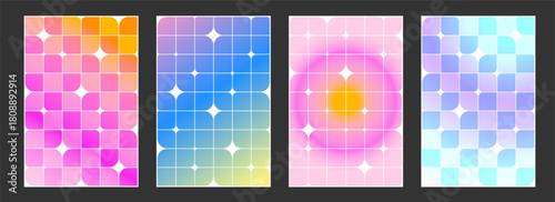 Abstract Y2k geometric cover set. Poster collection with gradient and stars
