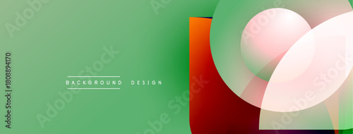 Abstract design features overlapping shapes, vibrant colors. Green background provides contrast, modern aesthetic. Simple text element present.