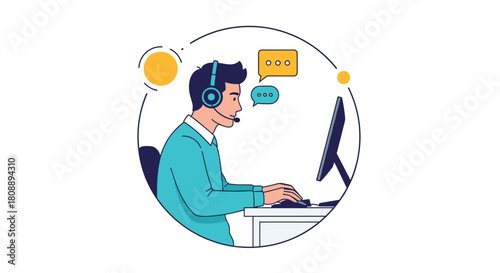 Illustration of a man wearing a headset and typing on a computer, with speech bubbles indicating communication.