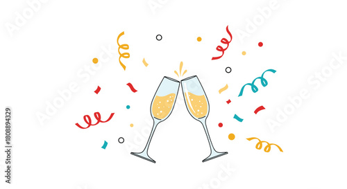 Two champagne glasses toasting with confetti and streamers for a celebration.