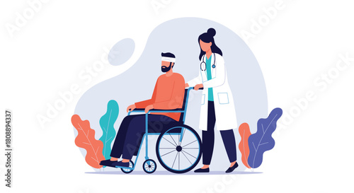 Doctor pushing a patient in a wheelchair through a serene, abstract landscape with plants.