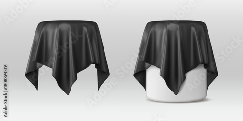 Black cloth covering podium realistic vector illustration. Box hidden under the silk fabric