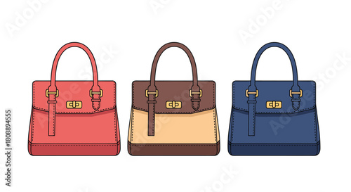 Three stylish handbags in different colors, arranged side by side on a white background.