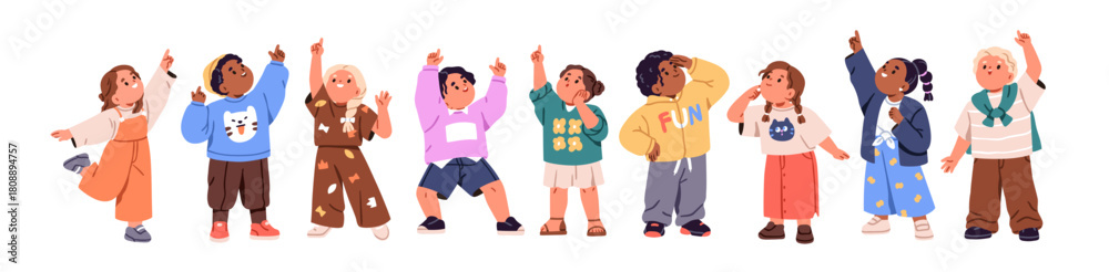 Obraz premium Kids point up with hands, set. Happy children standing, looking upward, pointing with finger to sky. Cute boys and girls with amazed expressions. Flat vector illustration isolated on white background