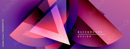 Abstract geometric shapes overlap, creating vibrant purple, pink gradients. Modern design elements suggest dynamic visual experience.