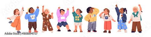 Kids point up with hands, set. Happy children standing, looking upward, pointing with finger to sky. Cute boys and girls with amazed expressions. Flat vector illustration isolated on white background