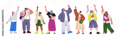 People point up, set. Happy excited men and women standing with raised arms and fingers pointing upward to sky, watching, looking at something. Flat vector illustration isolated on white background