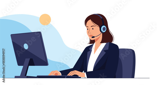 Illustration of a female customer service representative wearing a headset and working at a computer.