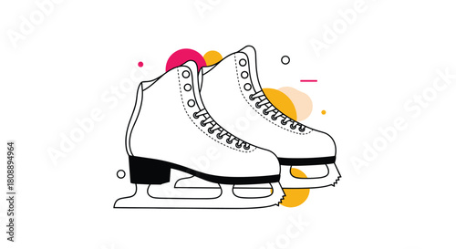 Stylized outline illustration of ice skates with colorful abstract shapes in the background.