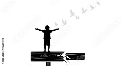 Silhouette of a child with open arms releasing a flock of birds, symbolizing freedom and hope.