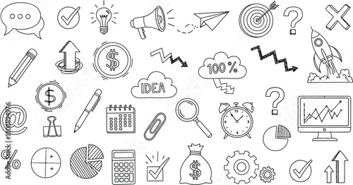 Business doodles and sketches with marketing and finance symbols