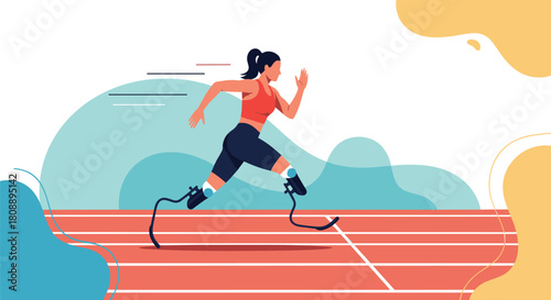 Female athlete with prosthetic legs running on a track in a stylized illustration.