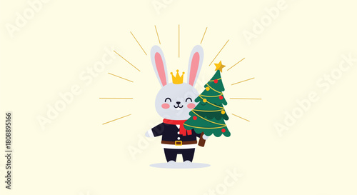 Cute cartoon bunny wearing a crown and a festive scarf holding a decorated Christmas tree.